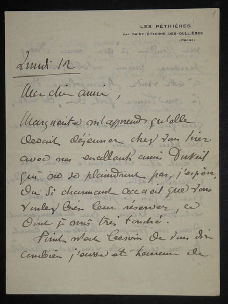 CHEVILLARD Camille - LETTRE AUTOGRAPHE SIGN&Eacute;E, LES PETHIERES, RHONE. Camille Chevillard