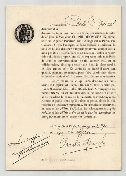 Pouvoir sign&eacute; par Charles Quinel – Collection de 50 auteurs & musiciens. Charles Quinel