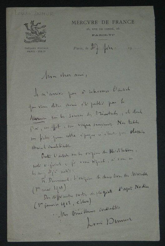 Louis DUMUR Lettre Autographe sign&eacute;e, article du Mercure de France. Louis DUMUR