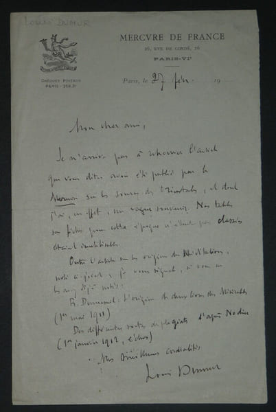 Louis DUMUR Lettre Autographe sign&eacute;e, article du Mercure de France. Louis DUMUR