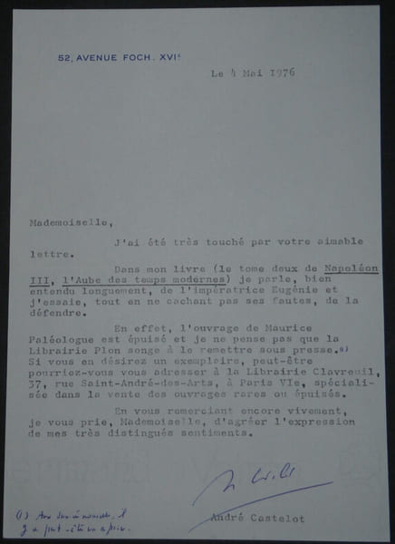 Andr&eacute; CASTELOT - LETTRE TAPUSCRITE SIGN&Eacute;E, Imp&eacute;ratrice Eug&eacute;nie. Andr&eacute; Castelot