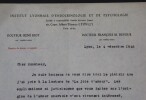 BIOT Ren&eacute; LETTRE TAPUSCRIT AUTOGRAPHE SIGNEE, INSTITUT LYON MEDECINE, 1948. Ren&eacute; Biot
