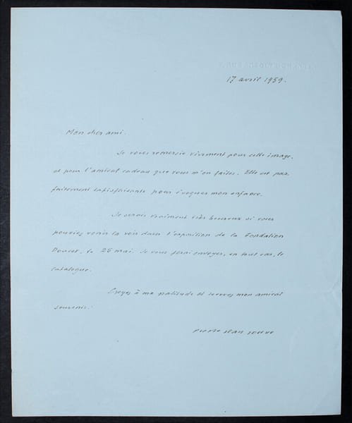 Pierre Jean JOUVE - LETTRE AUTOGRAPHE SIGN&Eacute;E REMERCIEMENTS & INVITATION, 1959. Pierre Jean JOUVE