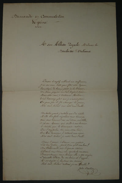 Jules BASTON Po&egrave;me Autographe sign&eacute; &agrave; la Duchesse d'Orl&eacute;ans commutation de peine. Jules Baston