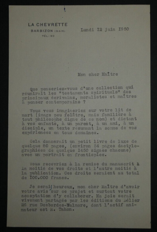 Andr&eacute; BILLY, Ecrivain - LETTRE DACTYLOGRAPHI&Eacute;E SIGN&Eacute;E + R&Eacute;PONSE N&Eacute;GATIVE, 1950. Andr&eacute; BILLY