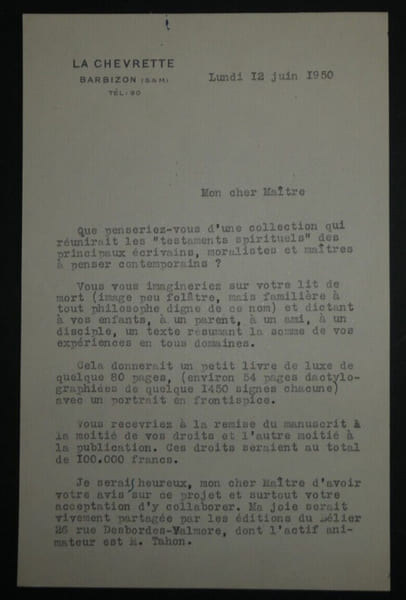 Andr&eacute; BILLY, Ecrivain - LETTRE DACTYLOGRAPHI&Eacute;E SIGN&Eacute;E + R&Eacute;PONSE N&Eacute;GATIVE, 1950. Andr&eacute; BILLY
