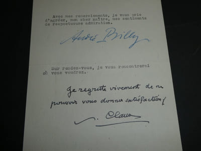 André BILLY, Ecrivain - LETTRE DACTYLOGRAPHIÉE SIGNÉE + RÉPONSE NÉGATIVE, 1950