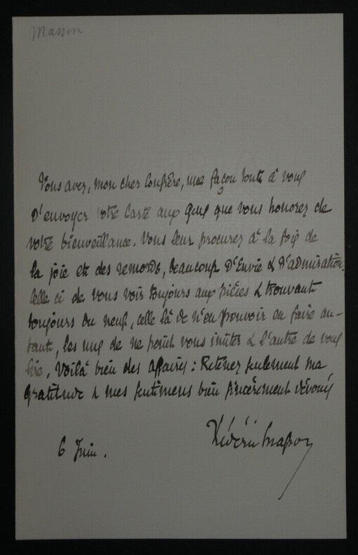 Fr&eacute;d&eacute;ric MASSON, Historien - LETTRE AUTOGRAPHE SIGN&Eacute;E. Fr&eacute;d&eacute;ric MASSON