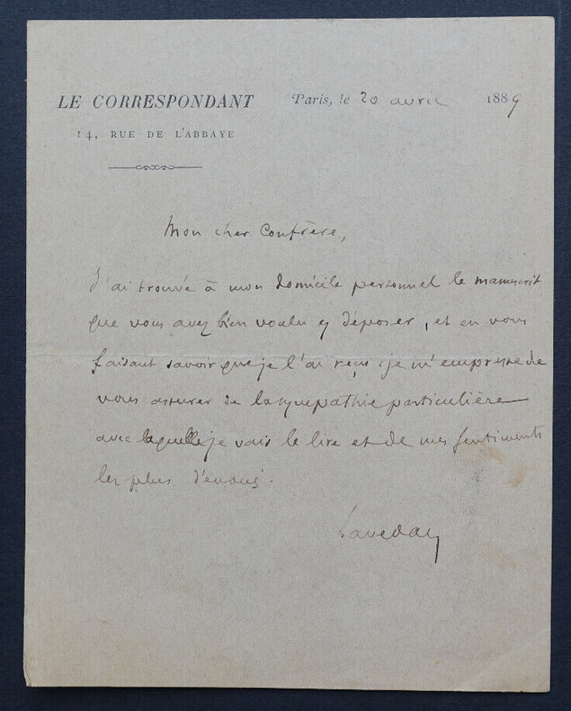 Henri LAVEDAN, Journaliste et &eacute;crivain - LETTRE AUTOGRAPHE SIGN&Eacute;E, Paris, 1889. Henri LAVEDAN