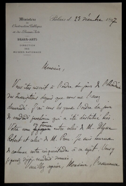Antoine H&eacute;ron de VILLEFOSSE — Lettre autographe sign&eacute;e, Minist&egrave;re des Beaux-Arts, 23 d&eacute;cembre 1897. Antoine H&eacute;ron de Villefosse