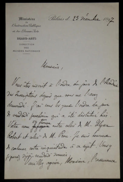 Antoine H&eacute;ron de VILLEFOSSE LETTRE AUTOGRAPHE SIGNEE MINISTERE BEAUX ARTS 1897. Antoine H&eacute;ron de Villefosse