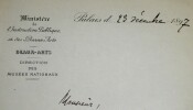 Antoine H&eacute;ron de VILLEFOSSE — Lettre autographe sign&eacute;e, Minist&egrave;re des Beaux-Arts, 23 d&eacute;cembre 1897. Antoine H&eacute;ron de Villefosse
