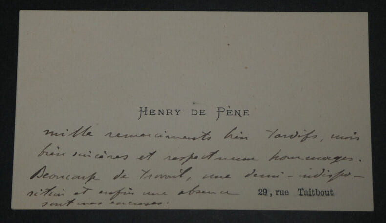 Henry de P&Egrave;NE, &Eacute;crivain - Carte de visite autographe de remerciements. Henry de P&Egrave;NE