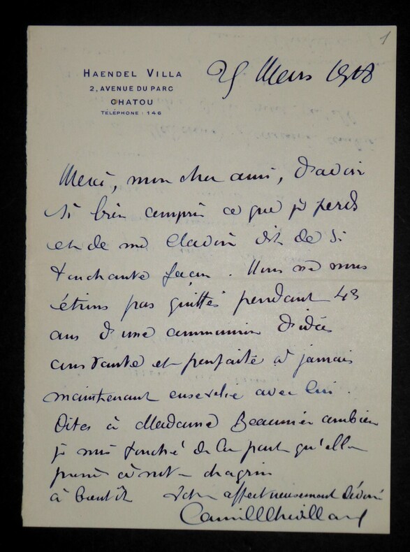 CHEVILLARD Camille - LETTRE AUTOGRAPHE SIGN&Eacute;E, VILLA HAENDEL, CHATOU, 1918. Camille Chevillard