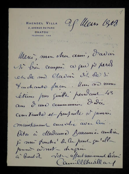 CHEVILLARD Camille - LETTRE AUTOGRAPHE SIGN&Eacute;E, VILLA HAENDEL, CHATOU, 1918. Camille Chevillard
