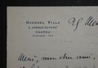 CHEVILLARD Camille - LETTRE AUTOGRAPHE SIGN&Eacute;E, VILLA HAENDEL, CHATOU, 1918. Camille Chevillard