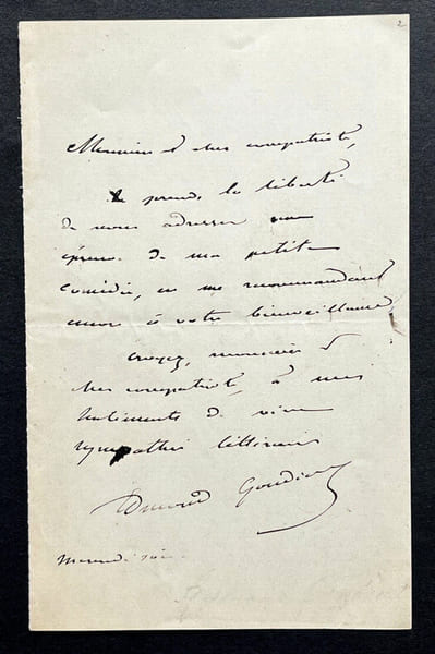 Edmond GONDINET, Librettiste - LETTRE AUTOGRAPHE SIGN&Eacute;E. Edmond GONDINET