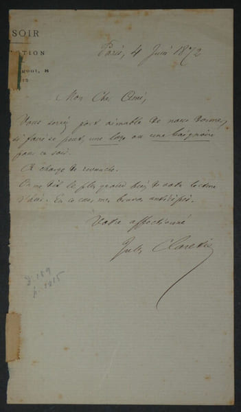 Jules CLARETIE Lettre Autographe Sign&eacute;e "une baignoire pour ce soir" Paris 1872. Jules CLARETIE
