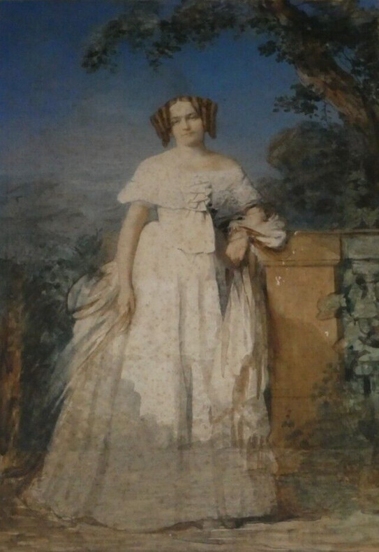 Peinture d'une jeune femme en robe blanche. 