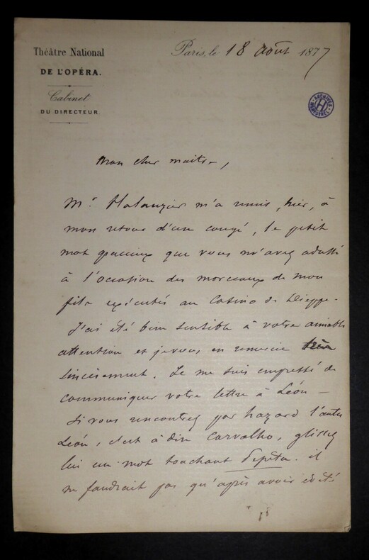DELAHAYE Jules - LETTRE AUTOGRAPHE SIGN&Eacute;E, TH&Eacute;&Acirc;TRE NATIONAL OP&Eacute;RA, 1877. DELAHAYE Jules