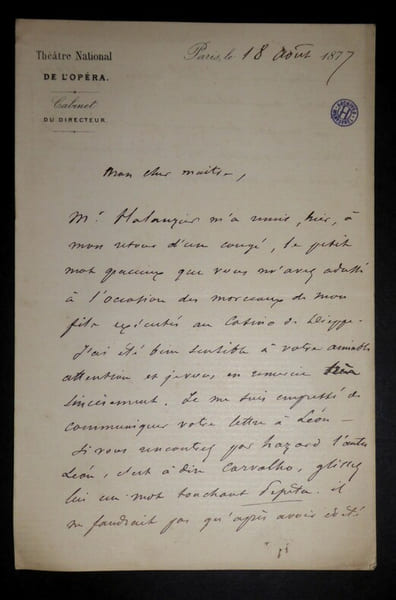 DELAHAYE Jules - LETTRE AUTOGRAPHE SIGN&Eacute;E, TH&Eacute;&Acirc;TRE NATIONAL OP&Eacute;RA, 1877. DELAHAYE Jules