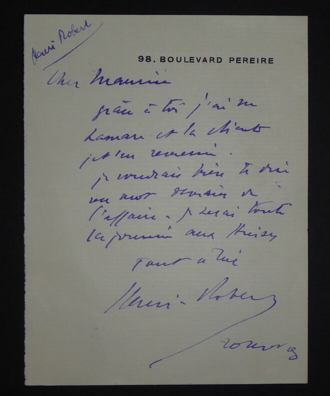 HENRI-ROBERT - LETTRE AUTOGRAPHE SIGN&Eacute;E, BOULEVARD PEREIRE, PARIS. Henri-Robert
