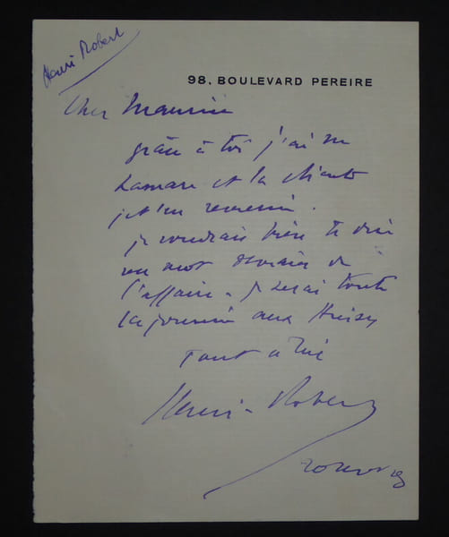 HENRI-ROBERT - LETTRE AUTOGRAPHE SIGN&Eacute;E, BOULEVARD PEREIRE, PARIS. Henri-Robert