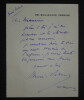 HENRI-ROBERT - LETTRE AUTOGRAPHE SIGN&Eacute;E, BOULEVARD PEREIRE, PARIS. Henri-Robert