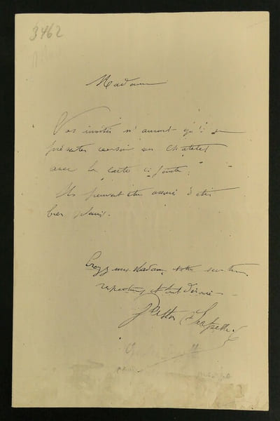 LETTRE AUTOGRAPHE SIGN&Eacute;E, CH&Acirc;TELET, INVITATION. Gaston Serpette