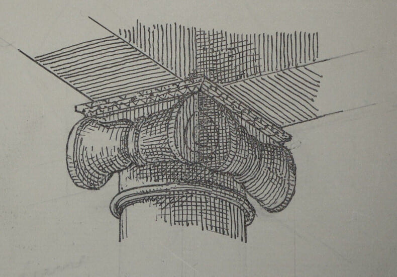 Face post&eacute;rieure d'un chapiteau d'angle sous un portique ionique. Louis Henri Laffill&eacute;e