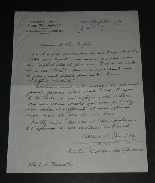 Albert de Teneuille - Lettre autographe sign&eacute;e &agrave; Armand Godoy - Foch - 1929. Albert de Teneuille