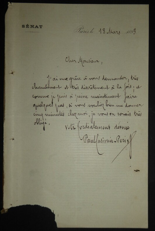 PERIER Paul Casimir - LETTRE AUTOGRAPHE SIGN&Eacute;E, S&Eacute;NAT, PARIS 1893. PERIER Paul Casimir