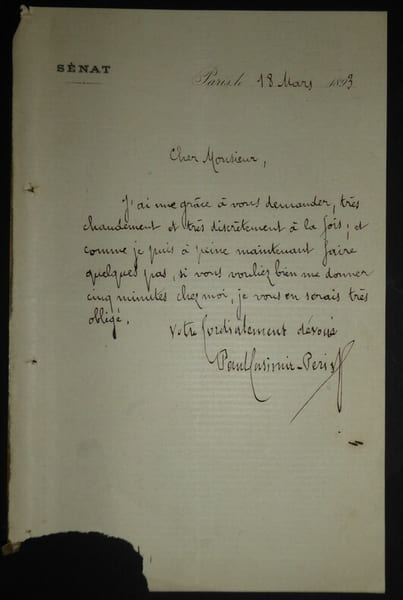 PERIER Paul Casimir - LETTRE AUTOGRAPHE SIGN&Eacute;E, S&Eacute;NAT, PARIS 1893. PERIER Paul Casimir