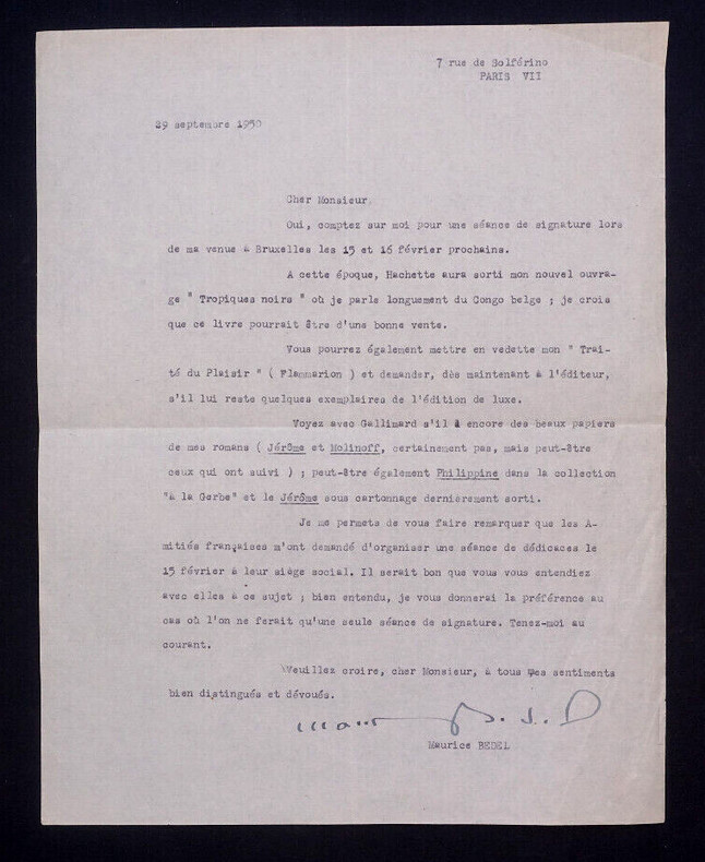 Maurice BEDEL, &Eacute;crivain - LETTRE TAPUSCRITE SIGN&Eacute;E, Paris, 1950. Maurice BEDEL