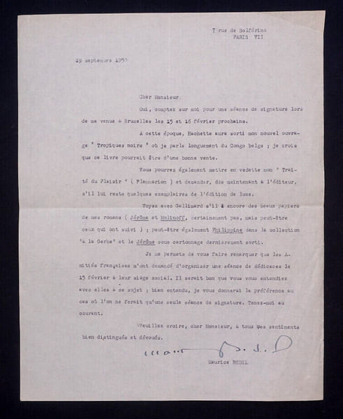 Maurice BEDEL, &Eacute;crivain - LETTRE TAPUSCRITE SIGN&Eacute;E, Paris, 1950. Maurice BEDEL