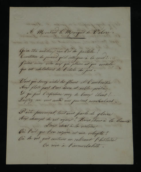 Agla&eacute; de Corday - Po&egrave;me autographe sign&eacute; au Marquis de Valois - 3 pages - 1854. Agla&eacute; de CORDAY
