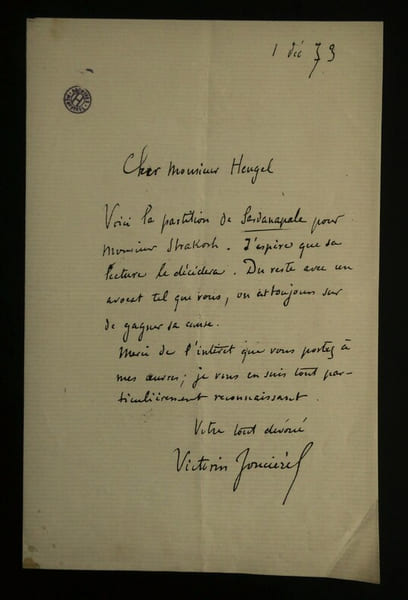 Victorin de JONCI&Egrave;RES - LETTRE AUTOGRAPHE SIGNEE &Agrave; Henri HEUGEL, STRAKOSCH ,1873. Victorin de Jonci&egrave;res