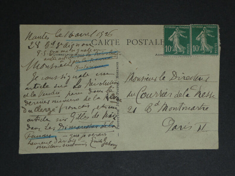 &Eacute;mile GABORY, Historien - CARTE POSTALE AUTOGRAPHE SIGN&Eacute;E, Nantes, 1926. &Eacute;mile GABORY