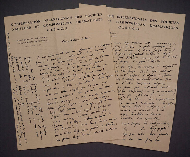 Lettre autographe sign&eacute;e de Denys AMIEL sur papier &agrave; en-t&ecirc;te de la Conf&eacute;d&eacute;ration Internationale des Soci&eacute;t&eacute;s d'Auteurs et Compositeurs Dramatiques ...