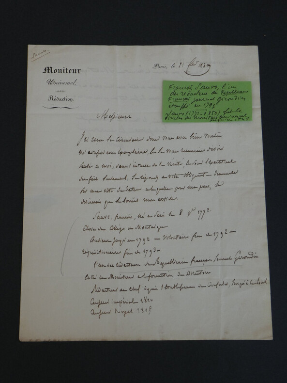 Fran&ccedil;ois Sauvo - Lettre autographe sign&eacute;e - Moniteur Universel - 1839. Fran&ccedil;ois Sauvo