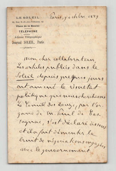 &Eacute;douard Herv&eacute; Lettre autographe sign&eacute;e Influence des &Eacute;lections l&eacute;gislatives 1889. &Eacute;douard Herv&eacute;