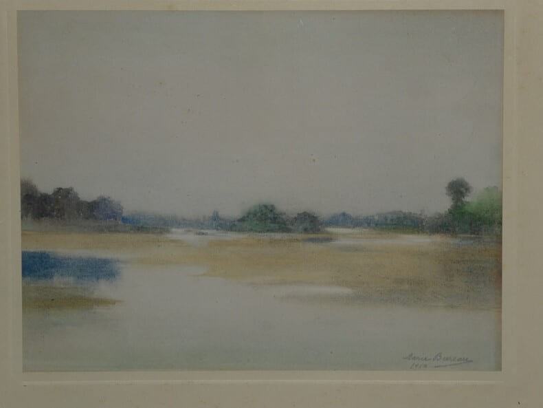 Marie BUREAU - Paysage de Fleuve en aquarelle sign&eacute; - 1910. Marie BUREAU