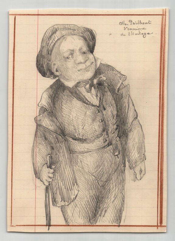 Dessin d&eacute;but XXe - Caricature de M. Poilbout, "3e comique de l'Horloge". 