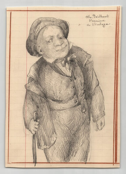 Dessin d&eacute;but XXe - Caricature de M. Poilbout, "3e comique de l'Horloge". 