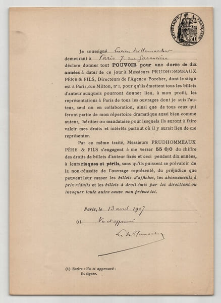 Pouvoir sign&eacute; par Lucien Hillemacher – Collection de 50 auteurs & musiciens. Lucien Hillemacher