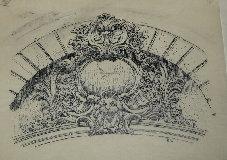 Dessin original sign&eacute; – Dessus de porte, rue du Regard, &agrave; Paris. Louis Henri Laffill&eacute;e