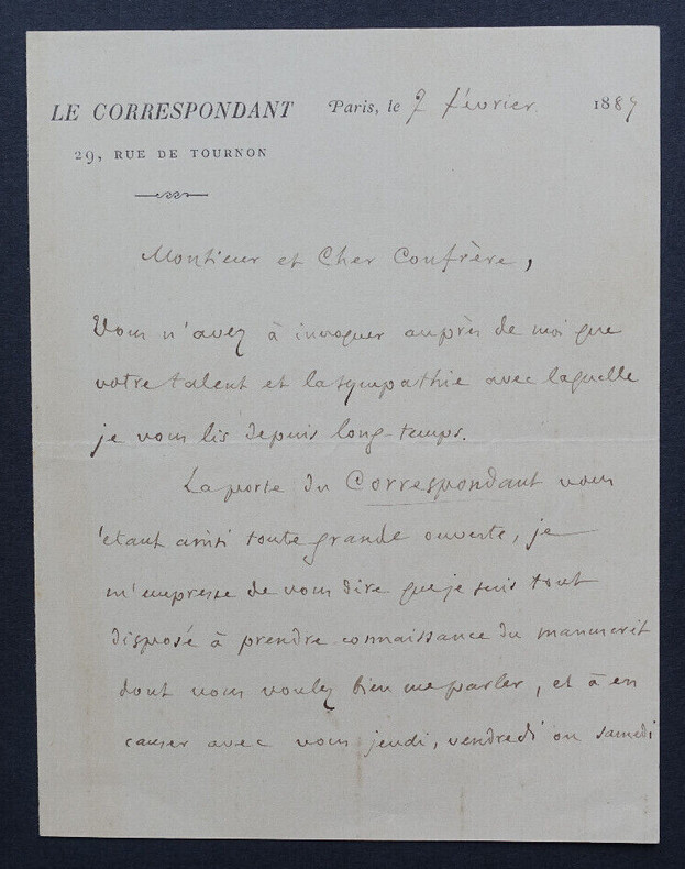 Henri LAVEDAN, Journaliste et &eacute;crivain - LETTRE AUTOGRAPHE SIGN&Eacute;E, Paris, 1889. Henri LAVEDAN