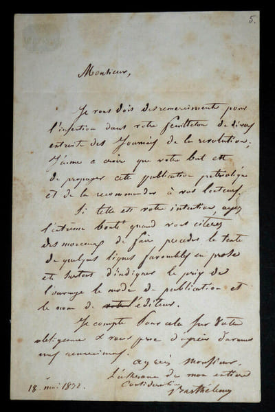AUGUSTE MARSEILLE BARTHELEMY LETTRE AUTOGRAPHE SIGNEE 1832 FIN DE SON INFLUENCE. Auguste Marseille Barth&eacute;l&eacute;my
