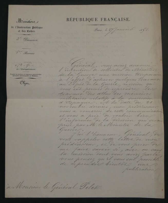 Charles GIRAUD, Homme politique - LETTRE SIGN&Eacute;E AU G&Eacute;N&Eacute;RAL PELET 1851. Charles GIRAUD