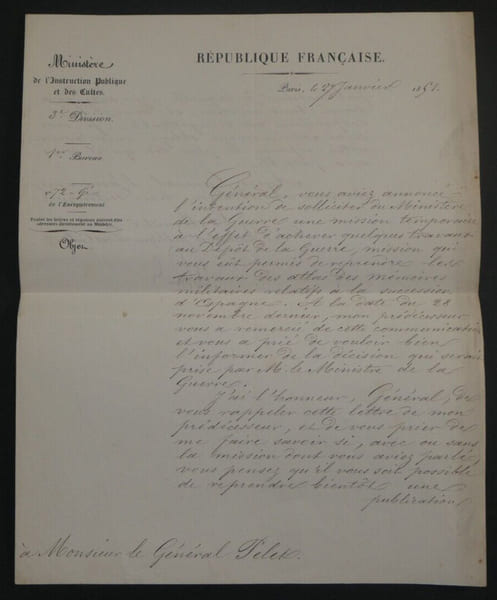 Charles GIRAUD, Homme politique - LETTRE SIGN&Eacute;E AU G&Eacute;N&Eacute;RAL PELET 1851. Charles GIRAUD